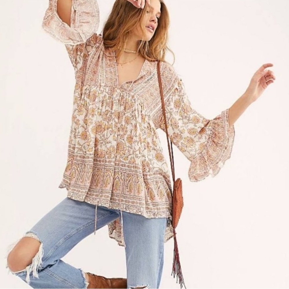 Free People Bohemian Floral Print Women's Oversized Tunic Top with Pockets - Picture 1 of 12